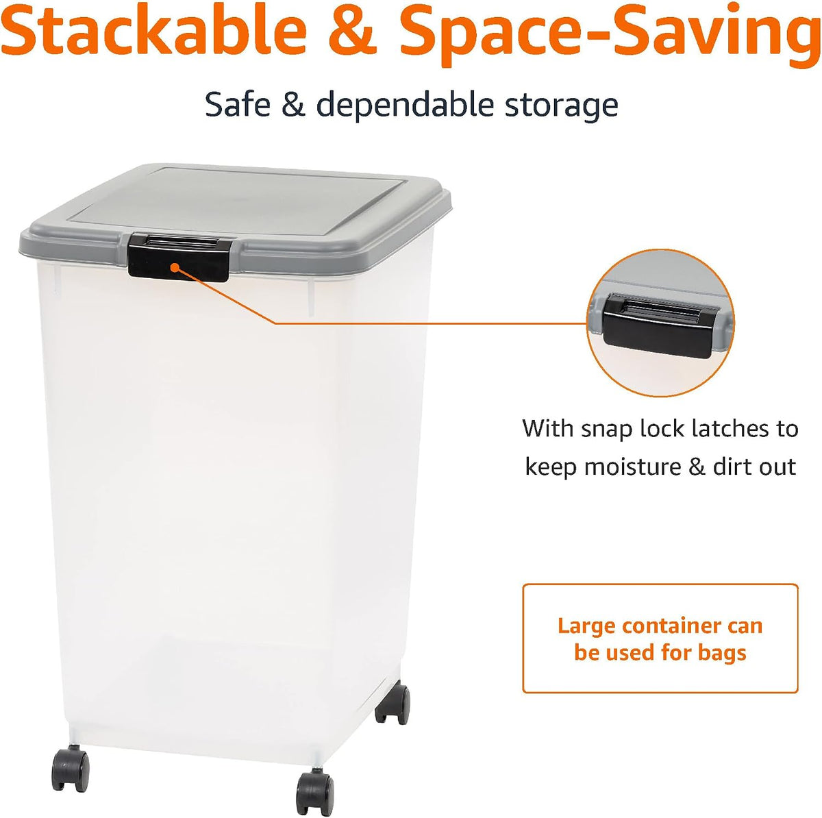 Airtight Pet Food Storage Container with Scoop, BPA Free, Removable Wheels, 69 QT, Gray