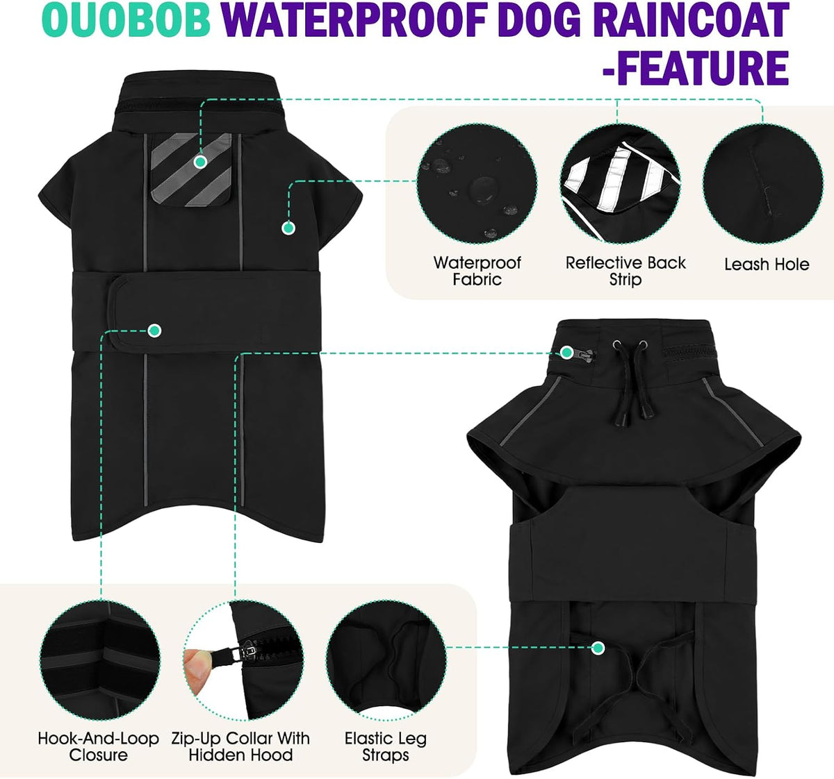 Dog Raincoat, Waterproof Dog Rain Jacket with Hood, Black M
