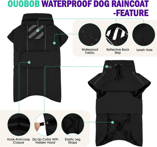 Dog Raincoat, Waterproof Dog Rain Jacket with Hood, Black M