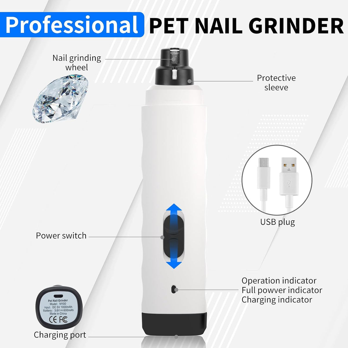 Dog Nail Grinder Quiet, Dog Nail Trimmers, Professional 2-Speed Electric Rechargeable Pet Nail Trimmer Painless Paws Grooming & Smoothing for Small Medium Large Dogs & Cats