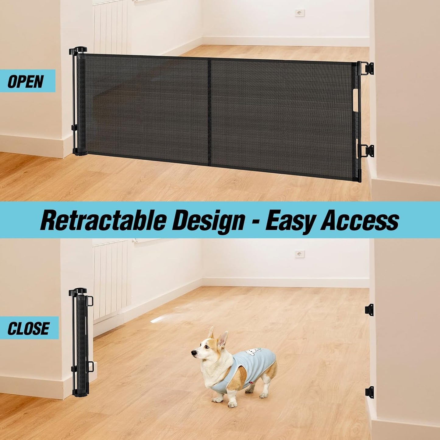 24 Inch Tall x 75 Inch Extra Wide Retractable Dog Gate for The House, Short Dog Gate to Step Over, Reinforced Mesh Puppy Gate for Doorways, Step Over Pet Gate for Stairs, Indoor/Outdoor, Gray