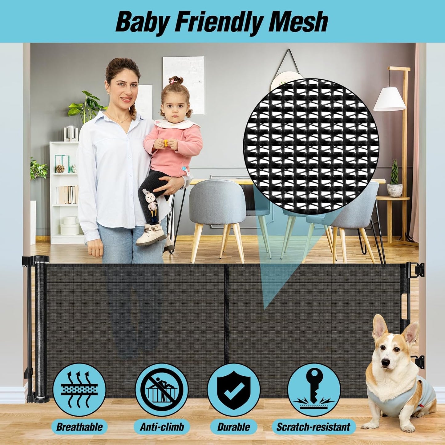 24 Inch Tall x 75 Inch Extra Wide Retractable Dog Gate for The House, Short Dog Gate to Step Over, Reinforced Mesh Puppy Gate for Doorways, Step Over Pet Gate for Stairs, Indoor/Outdoor, Gray