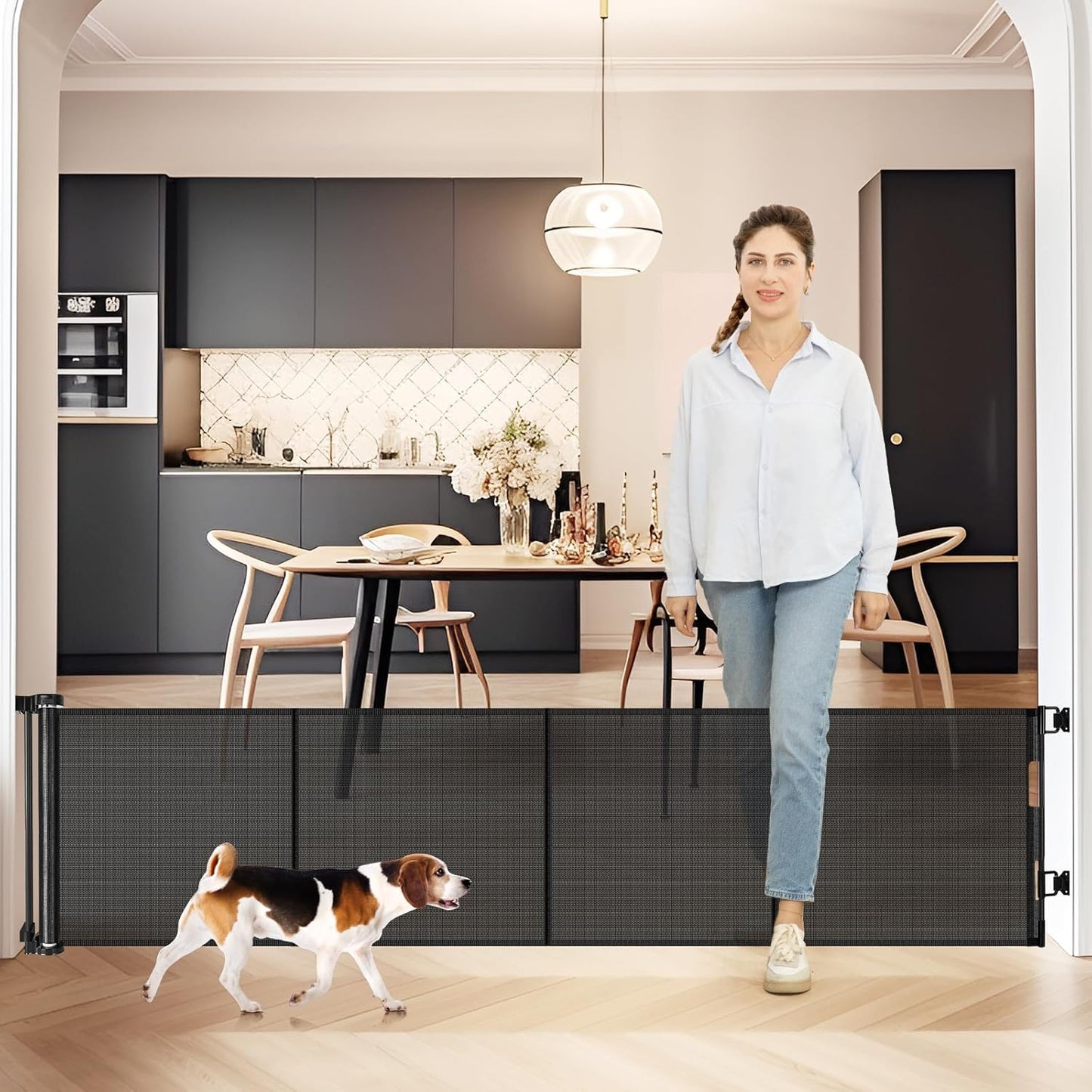24 Inch Tall x 75 Inch Extra Wide Retractable Dog Gate for The House, Short Dog Gate to Step Over, Reinforced Mesh Puppy Gate for Doorways, Step Over Pet Gate for Stairs, Indoor/Outdoor, Gray