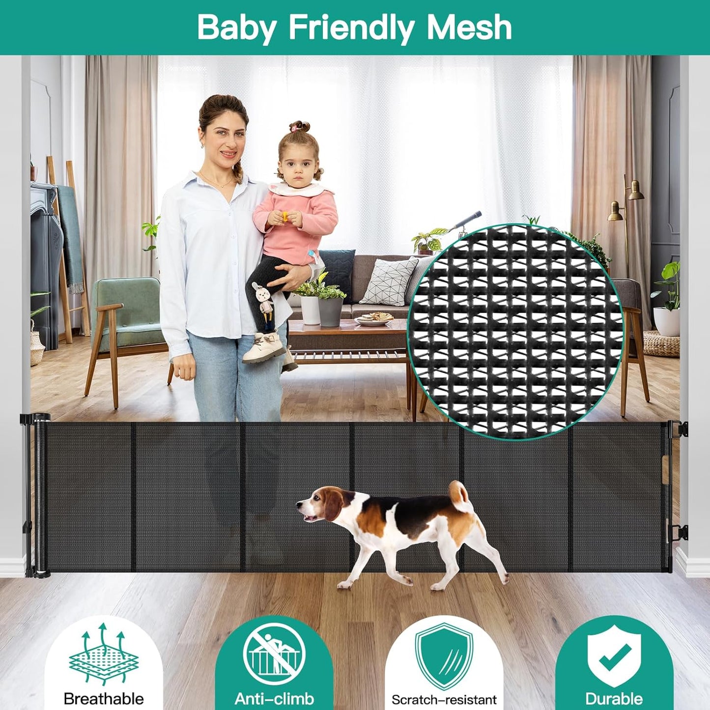 24 Inch Tall x 75 Inch Extra Wide Retractable Dog Gate for The House, Short Dog Gate to Step Over, Reinforced Mesh Puppy Gate for Doorways, Step Over Pet Gate for Stairs, Indoor/Outdoor, Gray