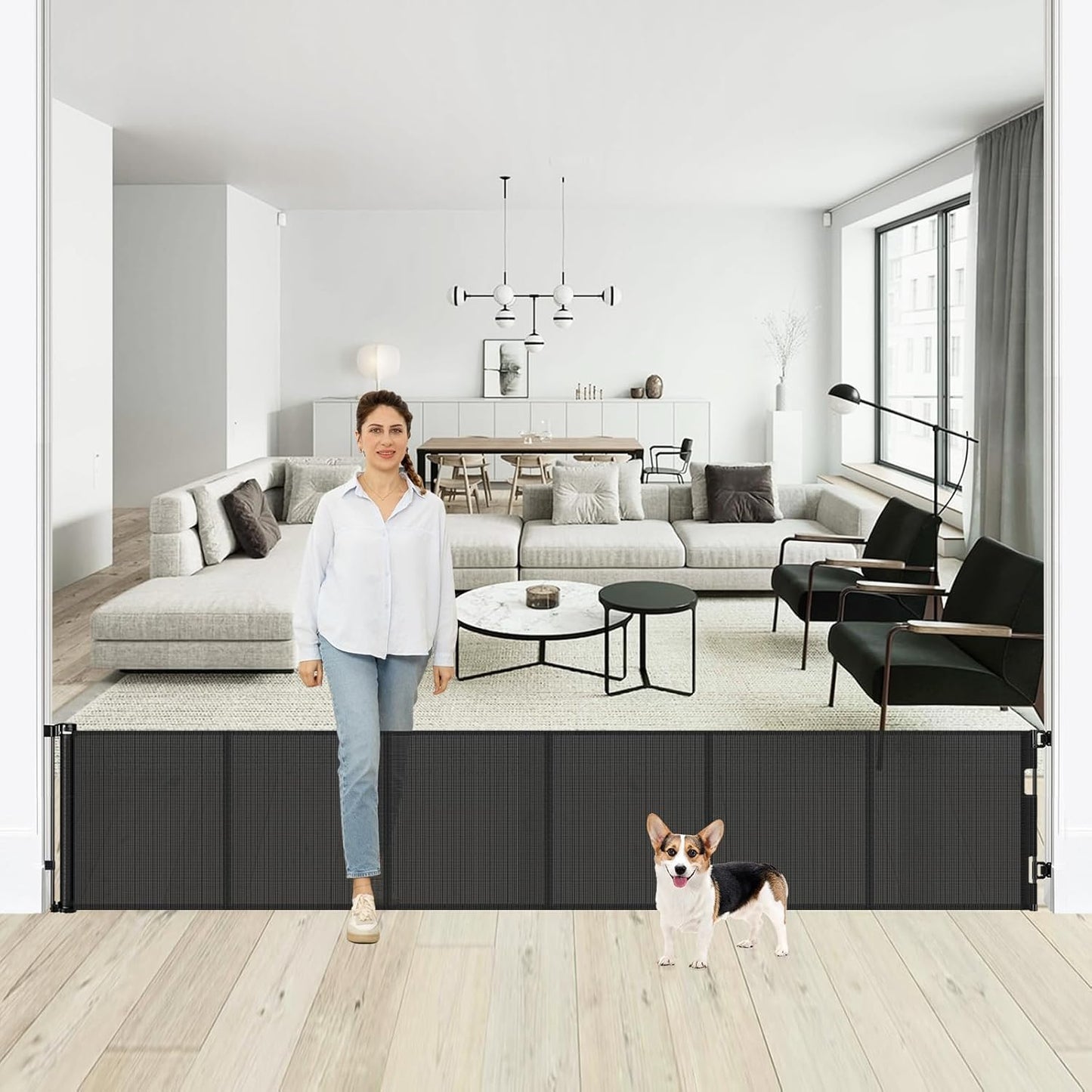 24 Inch Tall x 75 Inch Extra Wide Retractable Dog Gate for The House, Short Dog Gate to Step Over, Reinforced Mesh Puppy Gate for Doorways, Step Over Pet Gate for Stairs, Indoor/Outdoor, Gray