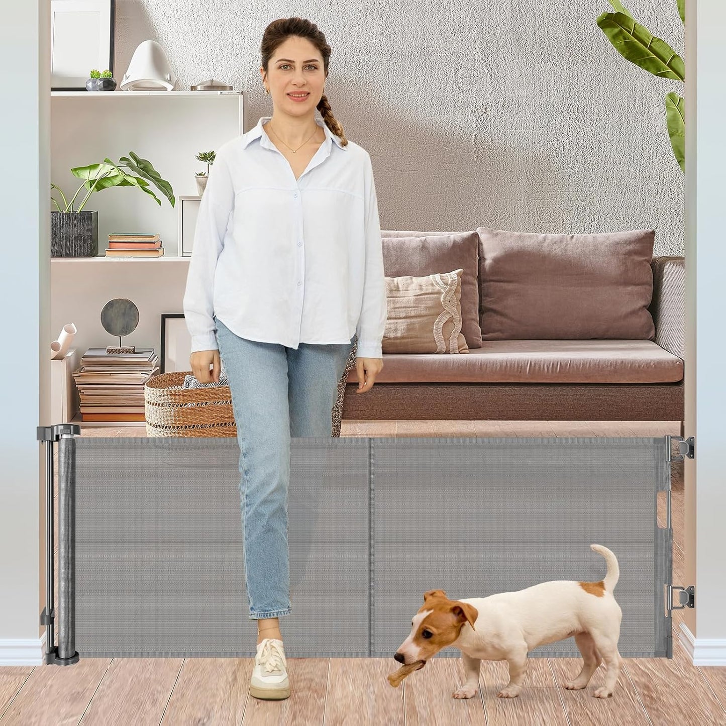24 Inch Tall x 75 Inch Extra Wide Retractable Dog Gate for The House, Short Dog Gate to Step Over, Reinforced Mesh Puppy Gate for Doorways, Step Over Pet Gate for Stairs, Indoor/Outdoor, Gray