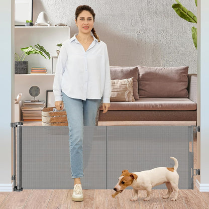 24 Inch Tall x 75 Inch Extra Wide Retractable Dog Gate for The House, Short Dog Gate to Step Over, Reinforced Mesh Puppy Gate for Doorways, Step Over Pet Gate for Stairs, Indoor/Outdoor, Gray