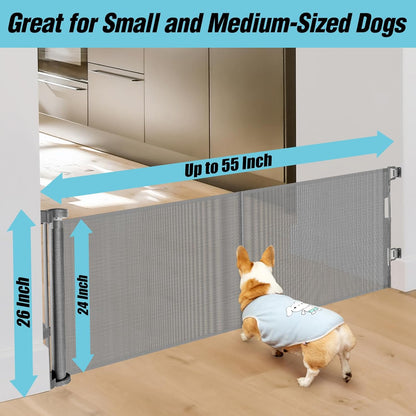 24 Inch Tall x 75 Inch Extra Wide Retractable Dog Gate for The House, Short Dog Gate to Step Over, Reinforced Mesh Puppy Gate for Doorways, Step Over Pet Gate for Stairs, Indoor/Outdoor, Gray
