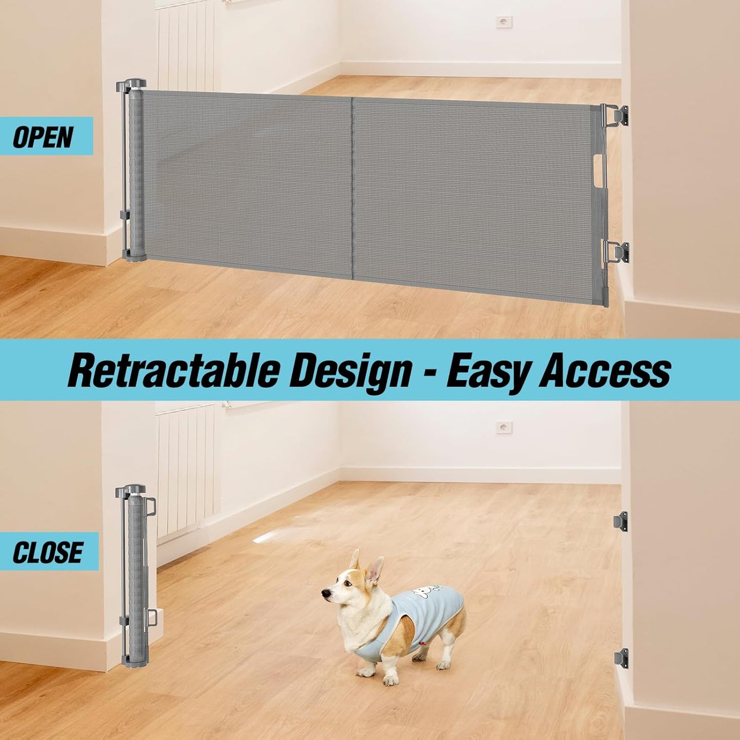 24 Inch Tall x 75 Inch Extra Wide Retractable Dog Gate for The House, Short Dog Gate to Step Over, Reinforced Mesh Puppy Gate for Doorways, Step Over Pet Gate for Stairs, Indoor/Outdoor, Gray