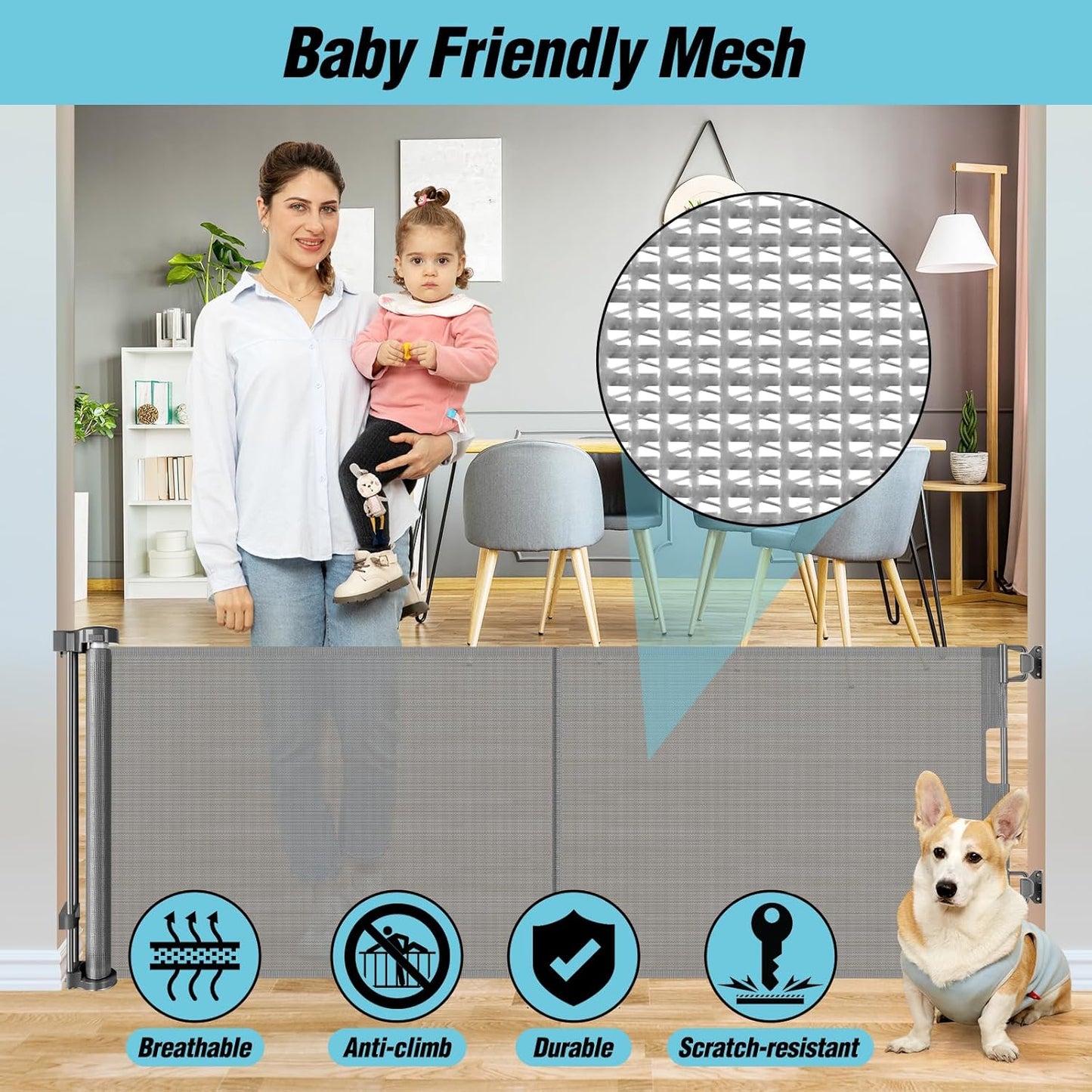 24 Inch Tall x 75 Inch Extra Wide Retractable Dog Gate for The House, Short Dog Gate to Step Over, Reinforced Mesh Puppy Gate for Doorways, Step Over Pet Gate for Stairs, Indoor/Outdoor, Gray
