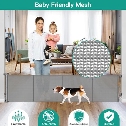 24 Inch Tall x 75 Inch Extra Wide Retractable Dog Gate for The House, Short Dog Gate to Step Over, Reinforced Mesh Puppy Gate for Doorways, Step Over Pet Gate for Stairs, Indoor/Outdoor, Gray