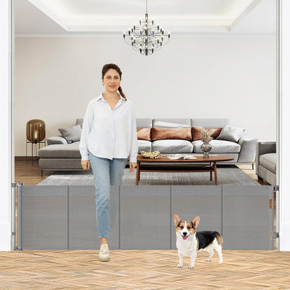 24 Inch Tall x 75 Inch Extra Wide Retractable Dog Gate for The House, Short Dog Gate to Step Over, Reinforced Mesh Puppy Gate for Doorways, Step Over Pet Gate for Stairs, Indoor/Outdoor, Gray