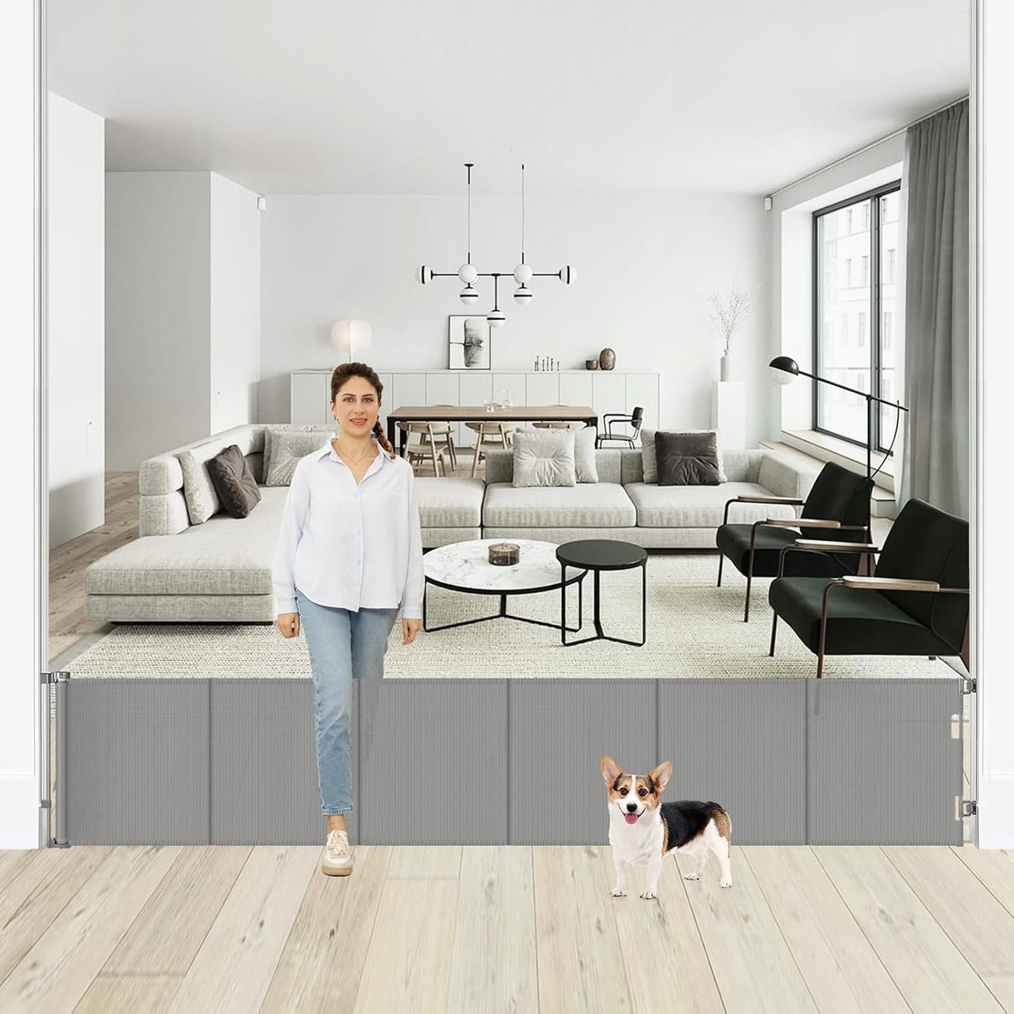 24 Inch Tall x 75 Inch Extra Wide Retractable Dog Gate for The House, Short Dog Gate to Step Over, Reinforced Mesh Puppy Gate for Doorways, Step Over Pet Gate for Stairs, Indoor/Outdoor, Gray