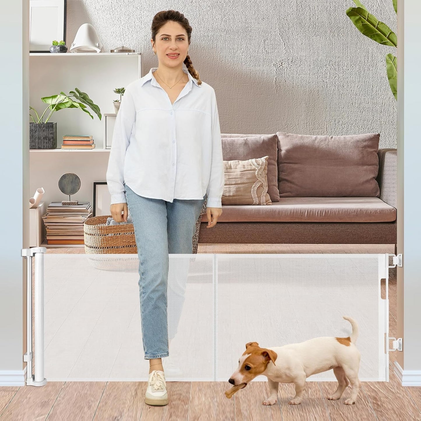 24 Inch Tall x 75 Inch Extra Wide Retractable Dog Gate for The House, Short Dog Gate to Step Over, Reinforced Mesh Puppy Gate for Doorways, Step Over Pet Gate for Stairs, Indoor/Outdoor, Gray