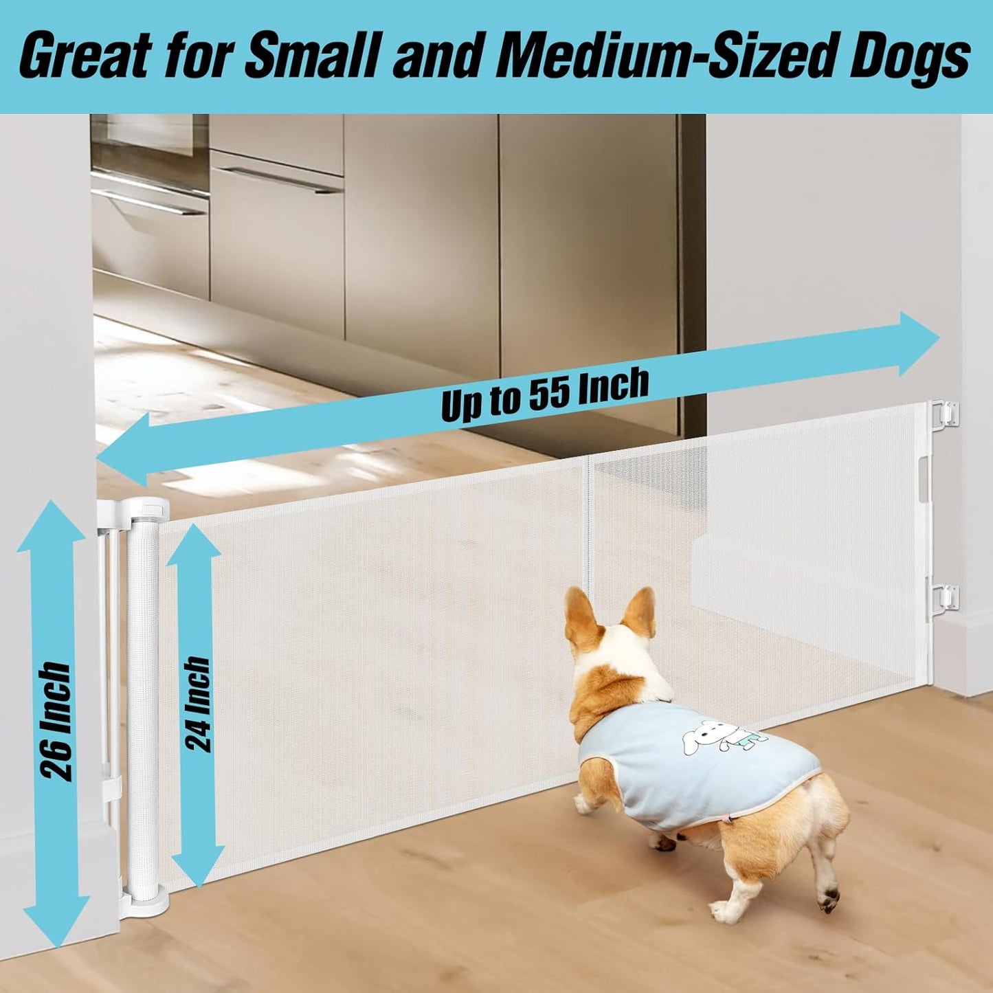 24 Inch Tall x 75 Inch Extra Wide Retractable Dog Gate for The House, Short Dog Gate to Step Over, Reinforced Mesh Puppy Gate for Doorways, Step Over Pet Gate for Stairs, Indoor/Outdoor, Gray