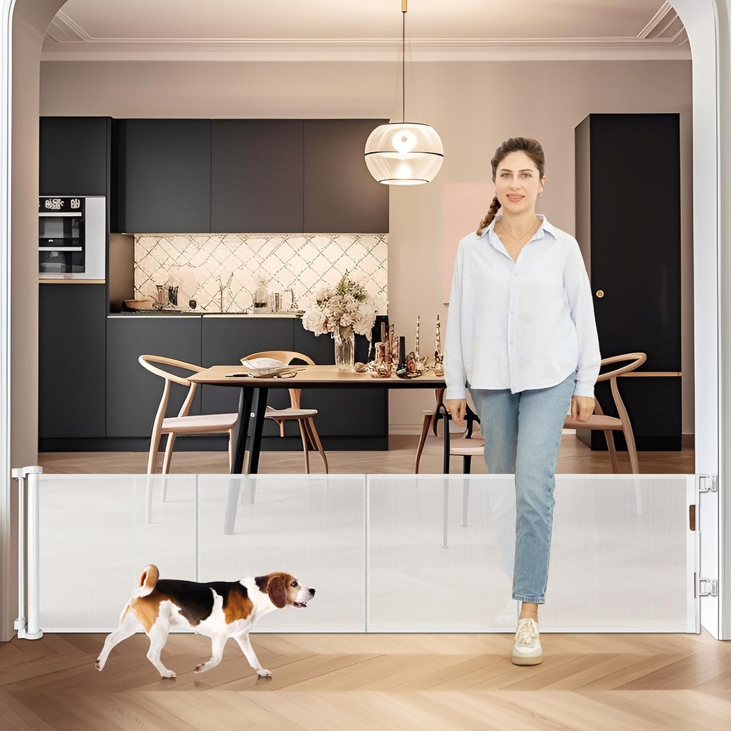 24 Inch Tall x 75 Inch Extra Wide Retractable Dog Gate for The House, Short Dog Gate to Step Over, Reinforced Mesh Puppy Gate for Doorways, Step Over Pet Gate for Stairs, Indoor/Outdoor, Gray