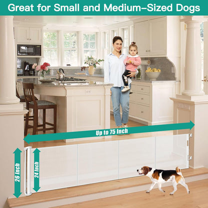 24 Inch Tall x 75 Inch Extra Wide Retractable Dog Gate for The House, Short Dog Gate to Step Over, Reinforced Mesh Puppy Gate for Doorways, Step Over Pet Gate for Stairs, Indoor/Outdoor, Gray