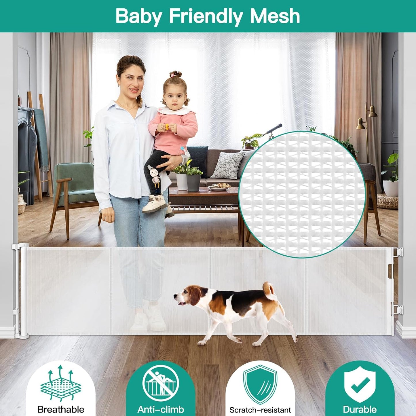 24 Inch Tall x 75 Inch Extra Wide Retractable Dog Gate for The House, Short Dog Gate to Step Over, Reinforced Mesh Puppy Gate for Doorways, Step Over Pet Gate for Stairs, Indoor/Outdoor, Gray