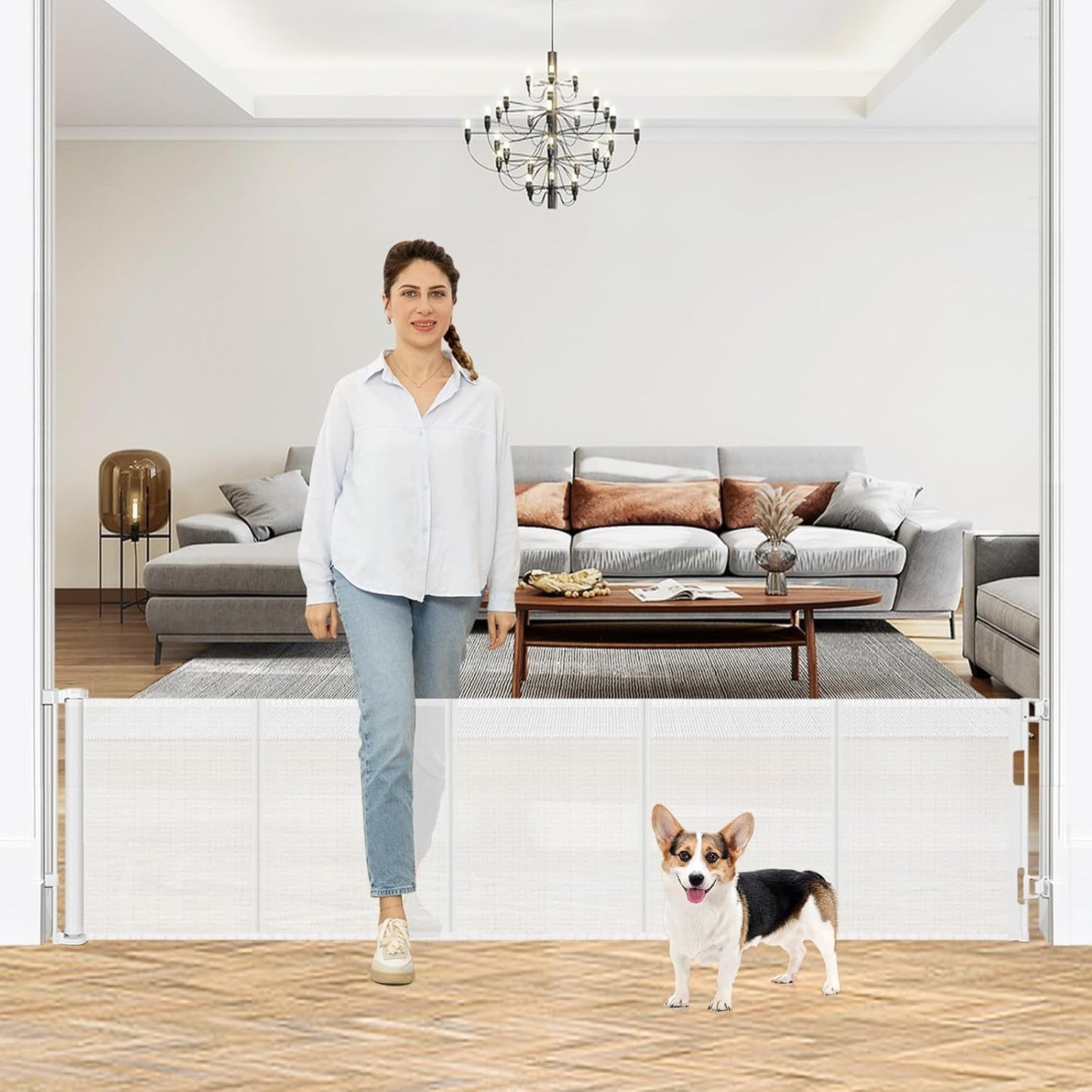 24 Inch Tall x 75 Inch Extra Wide Retractable Dog Gate for The House, Short Dog Gate to Step Over, Reinforced Mesh Puppy Gate for Doorways, Step Over Pet Gate for Stairs, Indoor/Outdoor, Gray