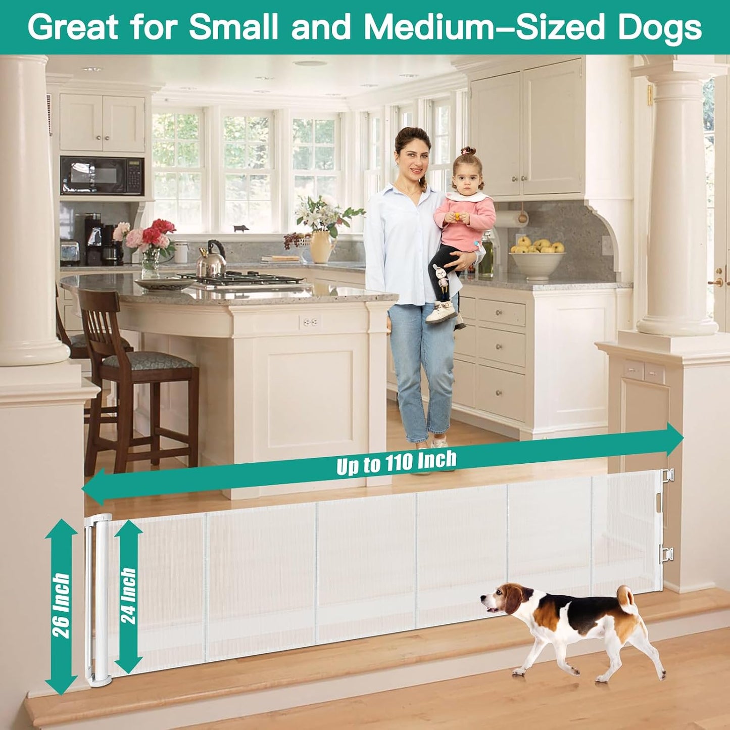 24 Inch Tall x 75 Inch Extra Wide Retractable Dog Gate for The House, Short Dog Gate to Step Over, Reinforced Mesh Puppy Gate for Doorways, Step Over Pet Gate for Stairs, Indoor/Outdoor, Gray