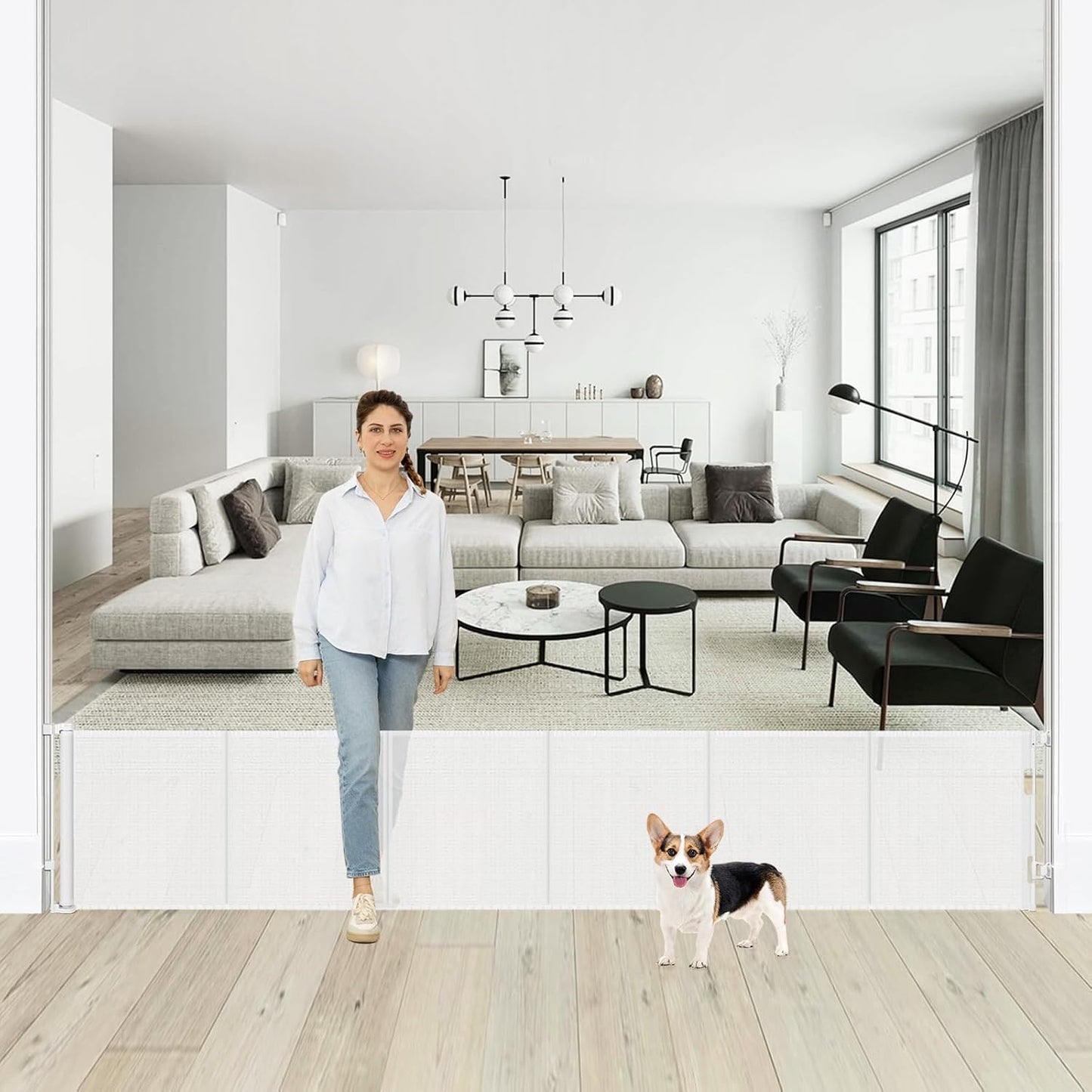 24 Inch Tall x 75 Inch Extra Wide Retractable Dog Gate for The House, Short Dog Gate to Step Over, Reinforced Mesh Puppy Gate for Doorways, Step Over Pet Gate for Stairs, Indoor/Outdoor, Gray
