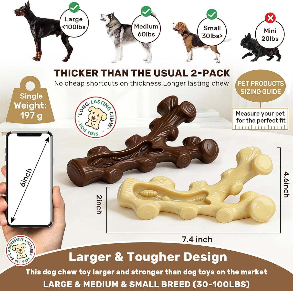 2 Pack Dog Chew Toys for Aggressive Chewers,Boredom and Stimulating Best Dog Toys for Medium/Large Breed,Tough Almost Indestructible Dog Bones for Teeth Cleaning and Training