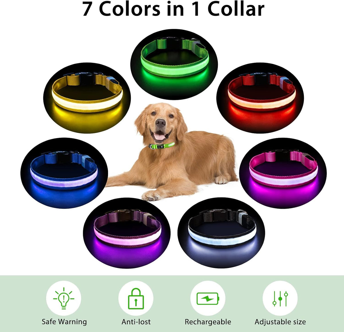PcEoTllar Light up Dog Collar, Safe for Night Walking, Adjustable, Green, M