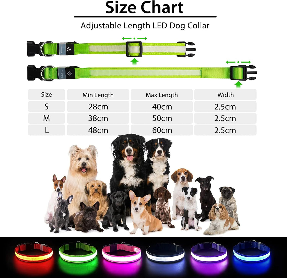 PcEoTllar Light up Dog Collar, Safe for Night Walking, Adjustable, Green, M