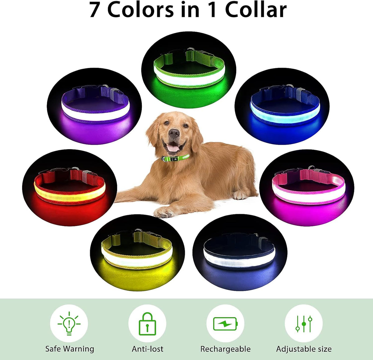 PcEoTllar Light up Dog Collar, Safe for Night Walking, Adjustable, Green, M