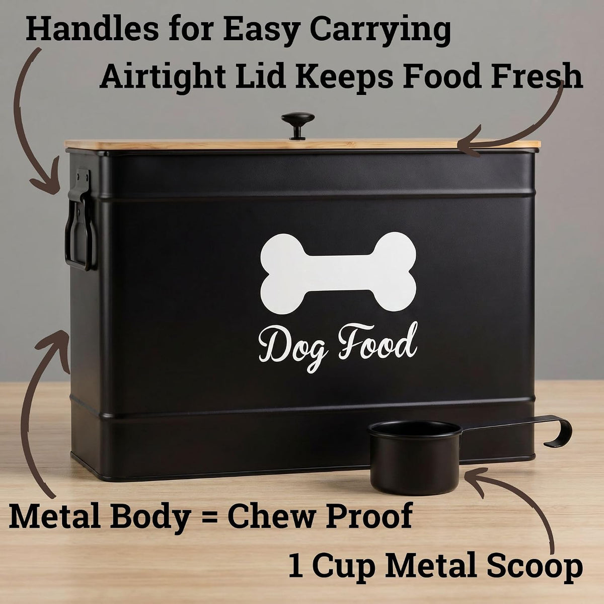 Metal Dog Food Container 15-20 lbs w/ Airtight Bamboo Lid, 70 Cup Capacity