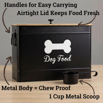 Metal Dog Food Container 15-20 lbs w/ Airtight Bamboo Lid, 70 Cup Capacity
