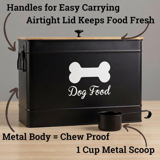 Metal Dog Food Container 15-20 lbs w/ Airtight Bamboo Lid, 70 Cup Capacity