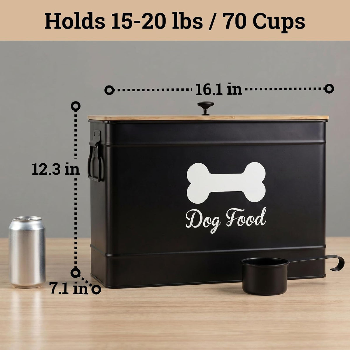 Metal Dog Food Container 15-20 lbs w/ Airtight Bamboo Lid, 70 Cup Capacity