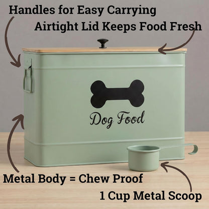 Metal Dog Food Container 15-20 lbs w/ Airtight Bamboo Lid, 70 Cup Capacity