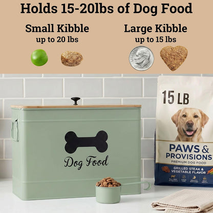 Metal Dog Food Container 15-20 lbs w/ Airtight Bamboo Lid, 70 Cup Capacity