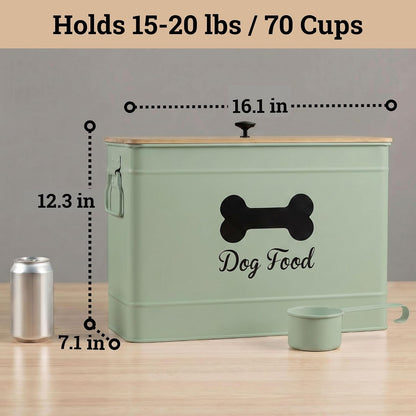 Metal Dog Food Container 15-20 lbs w/ Airtight Bamboo Lid, 70 Cup Capacity