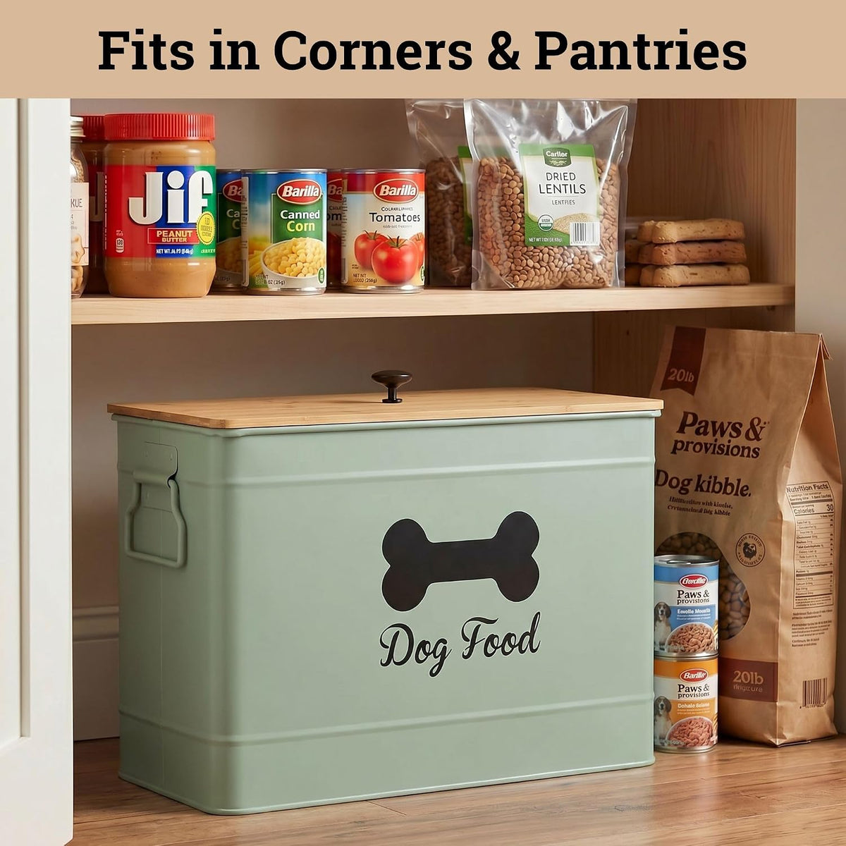 Metal Dog Food Container 15-20 lbs w/ Airtight Bamboo Lid, 70 Cup Capacity