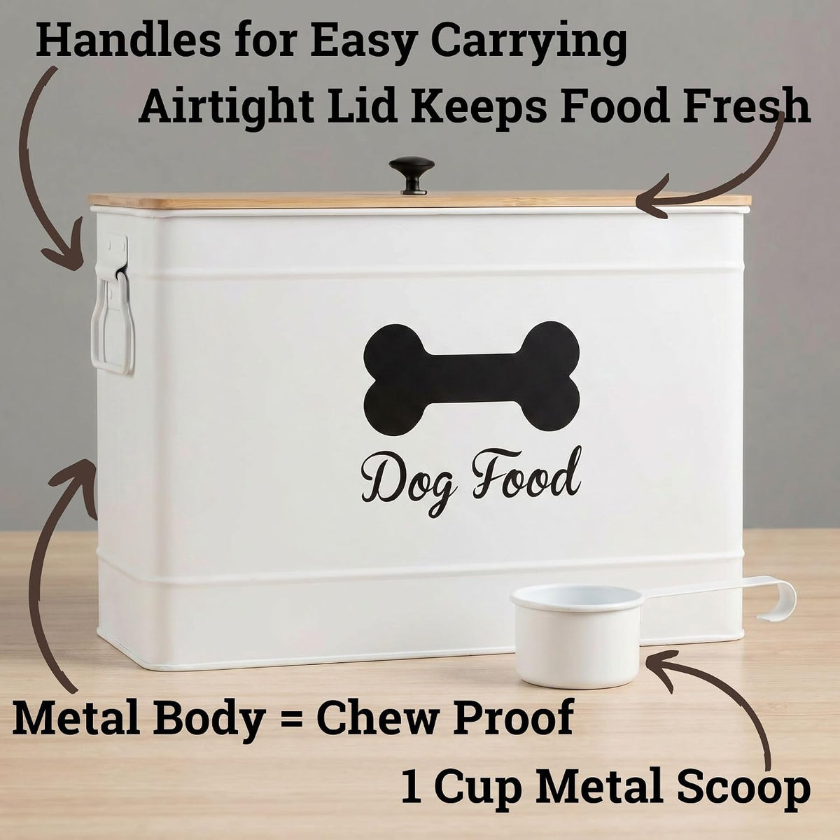 Metal Dog Food Container 15-20 lbs w/ Airtight Bamboo Lid, 70 Cup Capacity