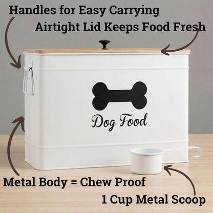 Metal Dog Food Container 15-20 lbs w/ Airtight Bamboo Lid, 70 Cup Capacity