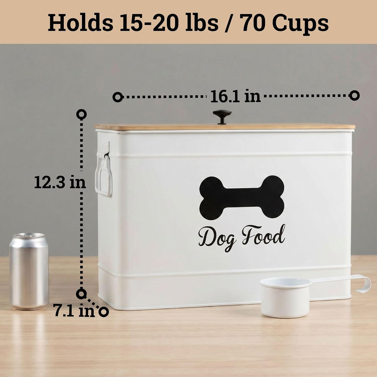 Metal Dog Food Container 15-20 lbs w/ Airtight Bamboo Lid, 70 Cup Capacity