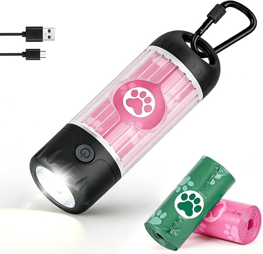 Dog Poop Bag Holder with Flashlight 7-Color, USB-C Rechargeable Poop Bag Displenser for Leashes, IPX6 Waterproof Anti-Slip Clip Pet Waste Bag Holder for Walking (1 Dispenser, 30 Bags)