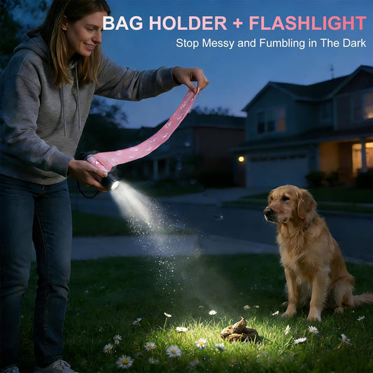 Dog Poop Bag Holder with Flashlight 7-Color, USB-C Rechargeable Poop Bag Displenser for Leashes, IPX6 Waterproof Anti-Slip Clip Pet Waste Bag Holder for Walking (1 Dispenser, 30 Bags)