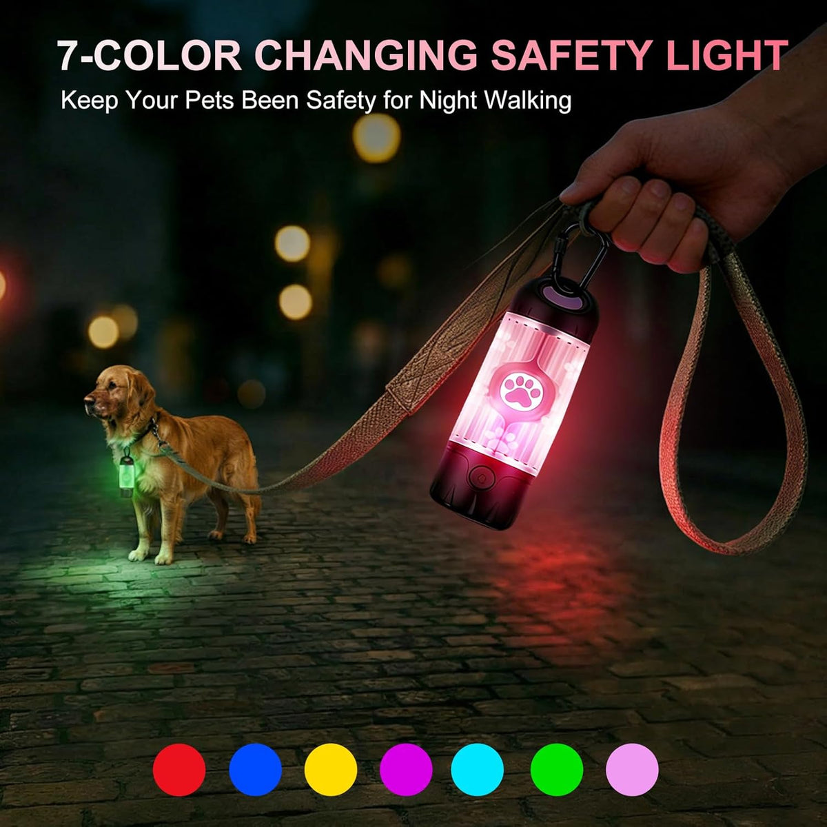 Dog Poop Bag Holder with Flashlight 7-Color, USB-C Rechargeable Poop Bag Displenser for Leashes, IPX6 Waterproof Anti-Slip Clip Pet Waste Bag Holder for Walking (1 Dispenser, 30 Bags)