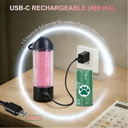 Dog Poop Bag Holder with Flashlight 7-Color, USB-C Rechargeable Poop Bag Displenser for Leashes, IPX6 Waterproof Anti-Slip Clip Pet Waste Bag Holder for Walking (1 Dispenser, 30 Bags)