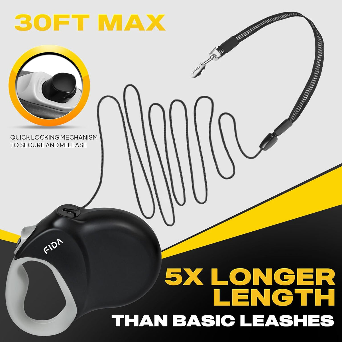 Upgraded Retractable Dog Leash, 30ft, Heavy Duty, Black