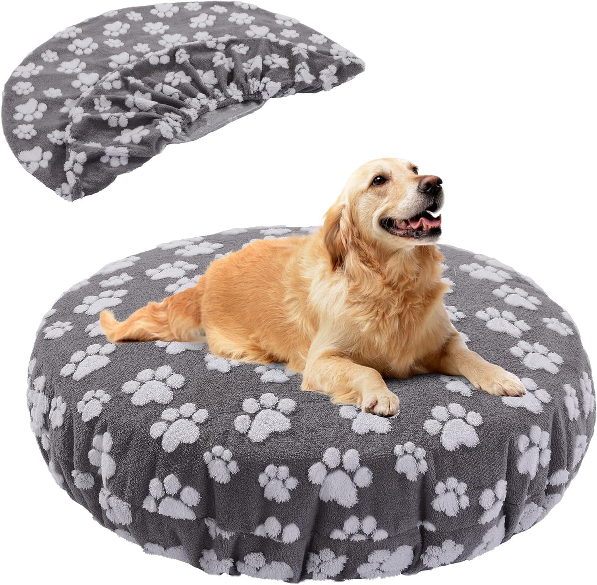 Washable Dog Bed Covers Replacement Round Waterproof Bed Cover for Dog Soft Pet Bed Cover with Lovely Dog Paw Print and Double-Sided Usable Design,Cover Only(Dark Gray,30 * 30 * 10in)
