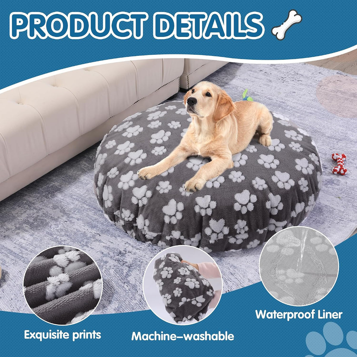 Washable Dog Bed Covers Replacement Round Waterproof Bed Cover for Dog Soft Pet Bed Cover with Lovely Dog Paw Print and Double-Sided Usable Design,Cover Only(Dark Gray,30 * 30 * 10in)