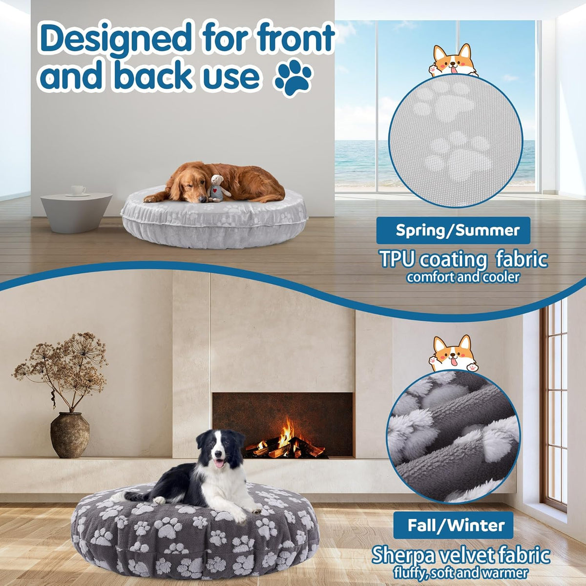Washable Dog Bed Covers Replacement Round Waterproof Bed Cover for Dog Soft Pet Bed Cover with Lovely Dog Paw Print and Double-Sided Usable Design,Cover Only(Dark Gray,30 * 30 * 10in)
