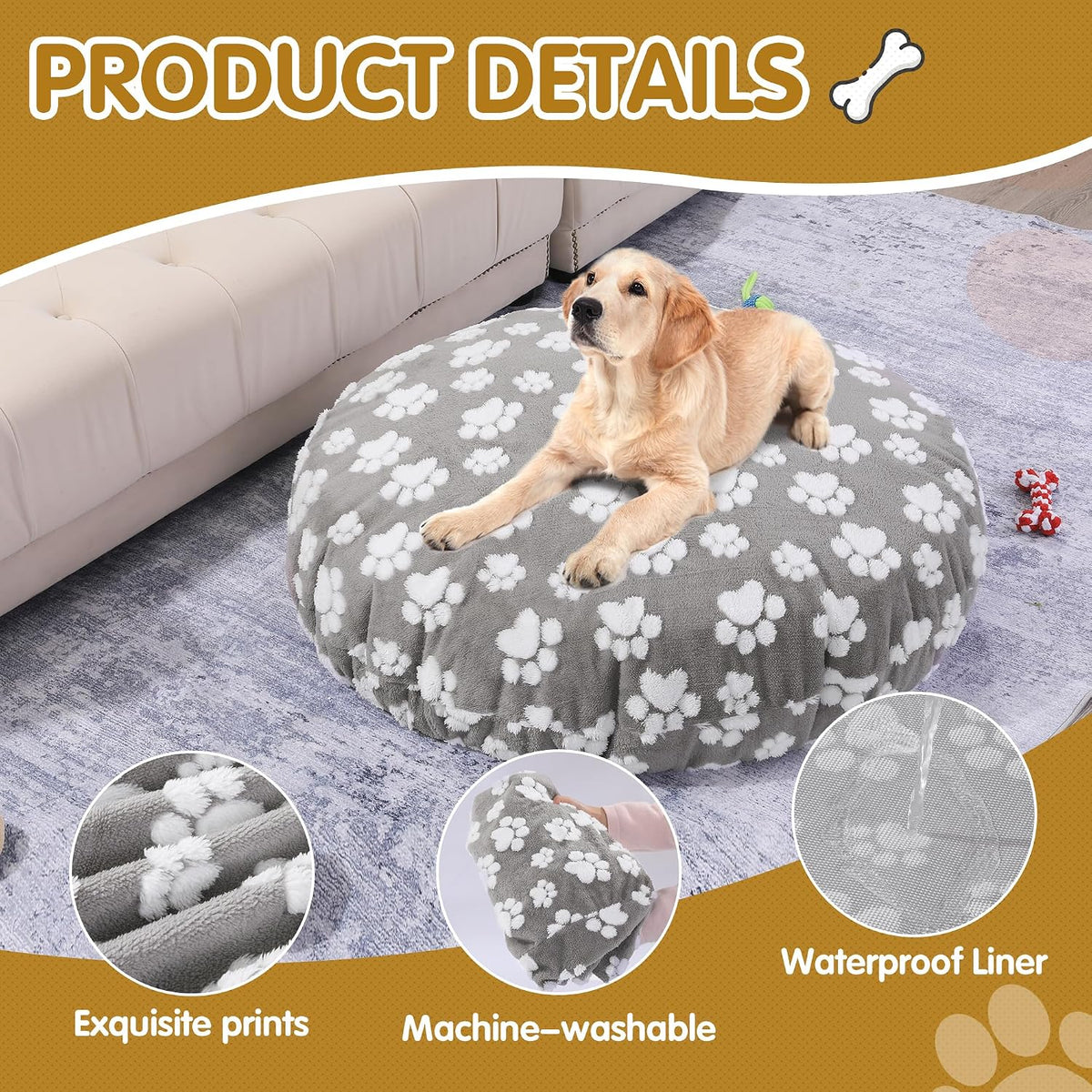Washable Dog Bed Covers Replacement Round Waterproof Bed Cover for Dog Soft Pet Bed Cover with Lovely Dog Paw Print and Double-Sided Usable Design,Cover Only(Dark Gray,30 * 30 * 10in)