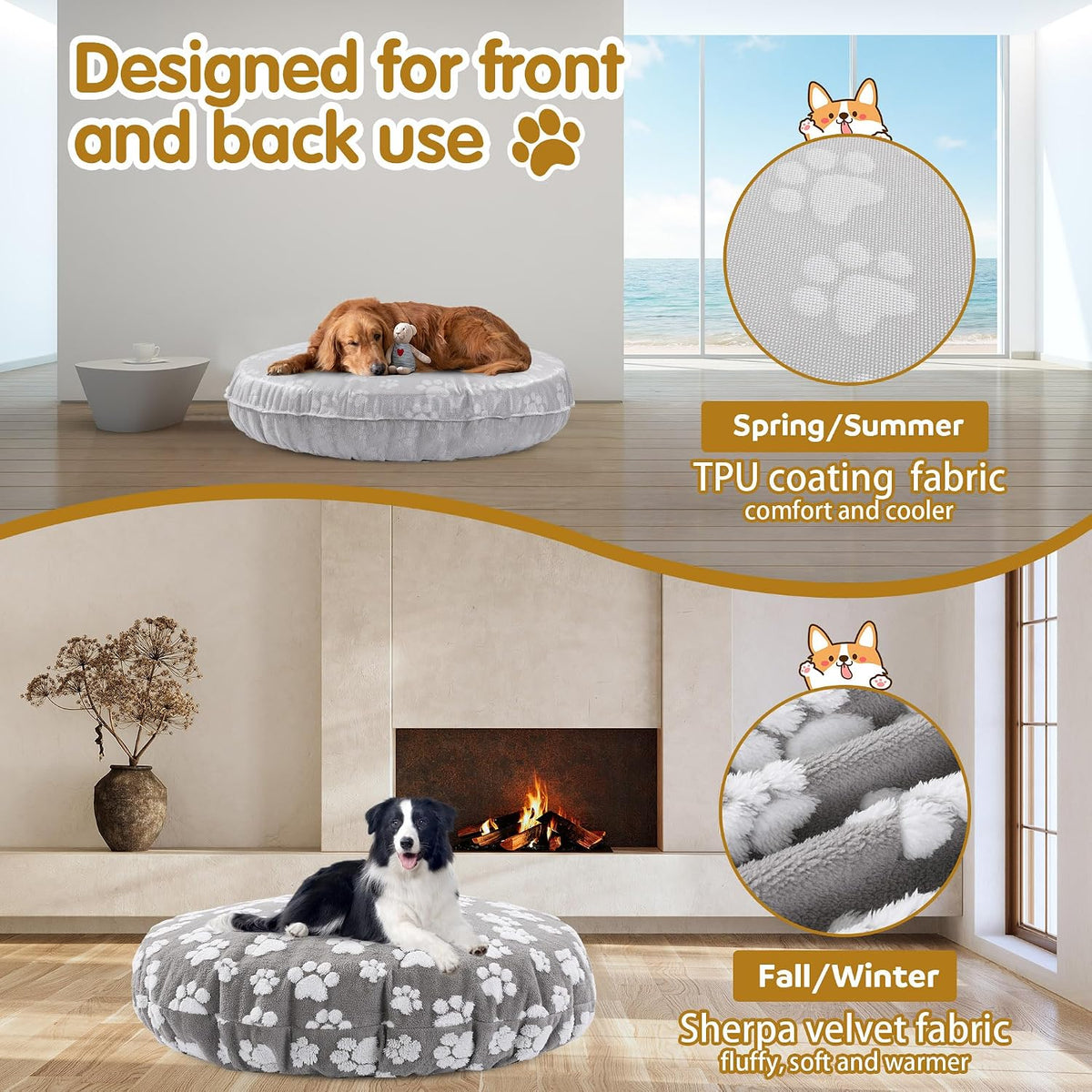 Washable Dog Bed Covers Replacement Round Waterproof Bed Cover for Dog Soft Pet Bed Cover with Lovely Dog Paw Print and Double-Sided Usable Design,Cover Only(Dark Gray,30 * 30 * 10in)